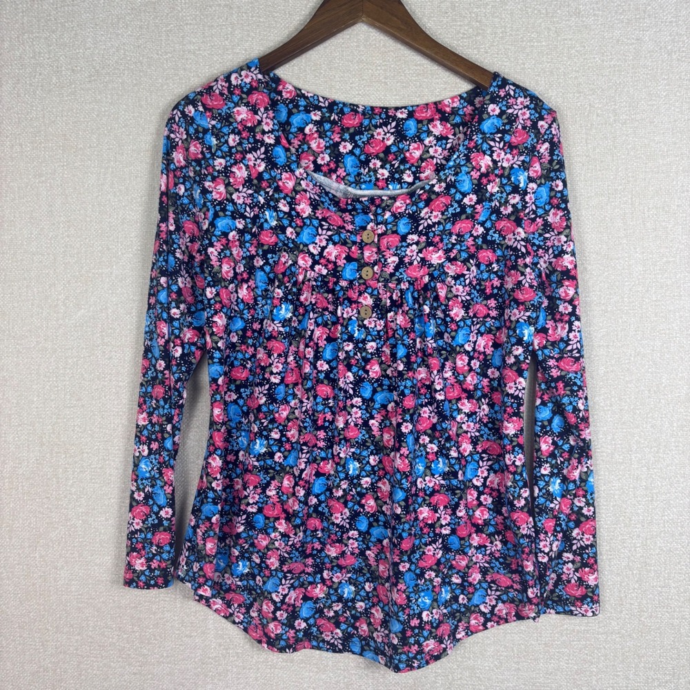 Pink Blue Floral Long Sleeve Henley Blouse Top Scoop Neckline Stretch Medium